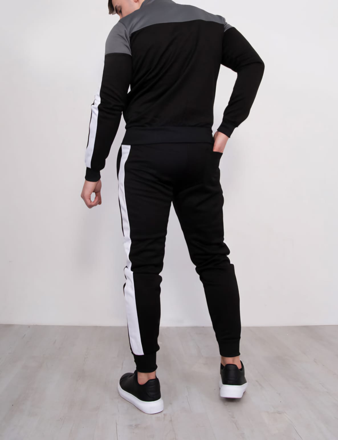 Men's Black With Grey Panel and White Stripes Funnel Skinny Tracksuit