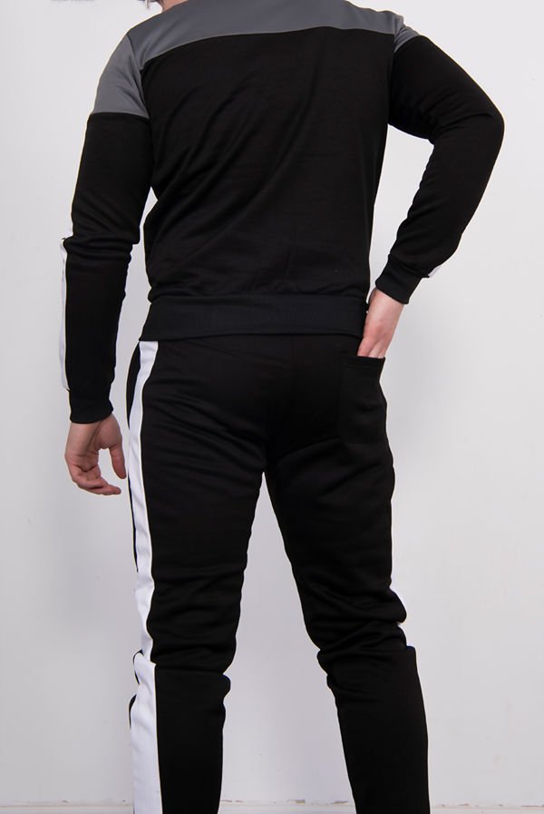 Men's Black With Grey Panel and White Stripes Funnel Skinny Tracksuit