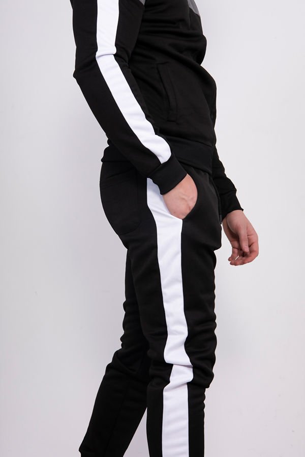 Men's Black With Grey Panel and White Stripes Funnel Skinny Tracksuit