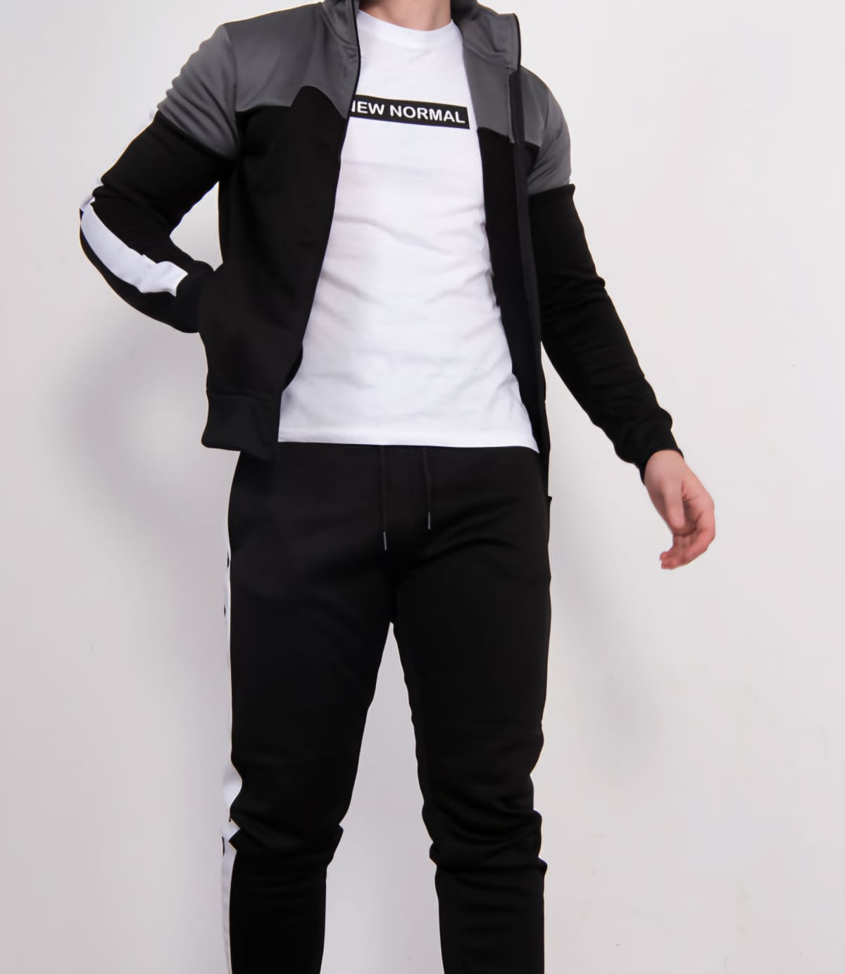 Men's Black With Grey Panel and White Stripes Funnel Skinny Tracksuit