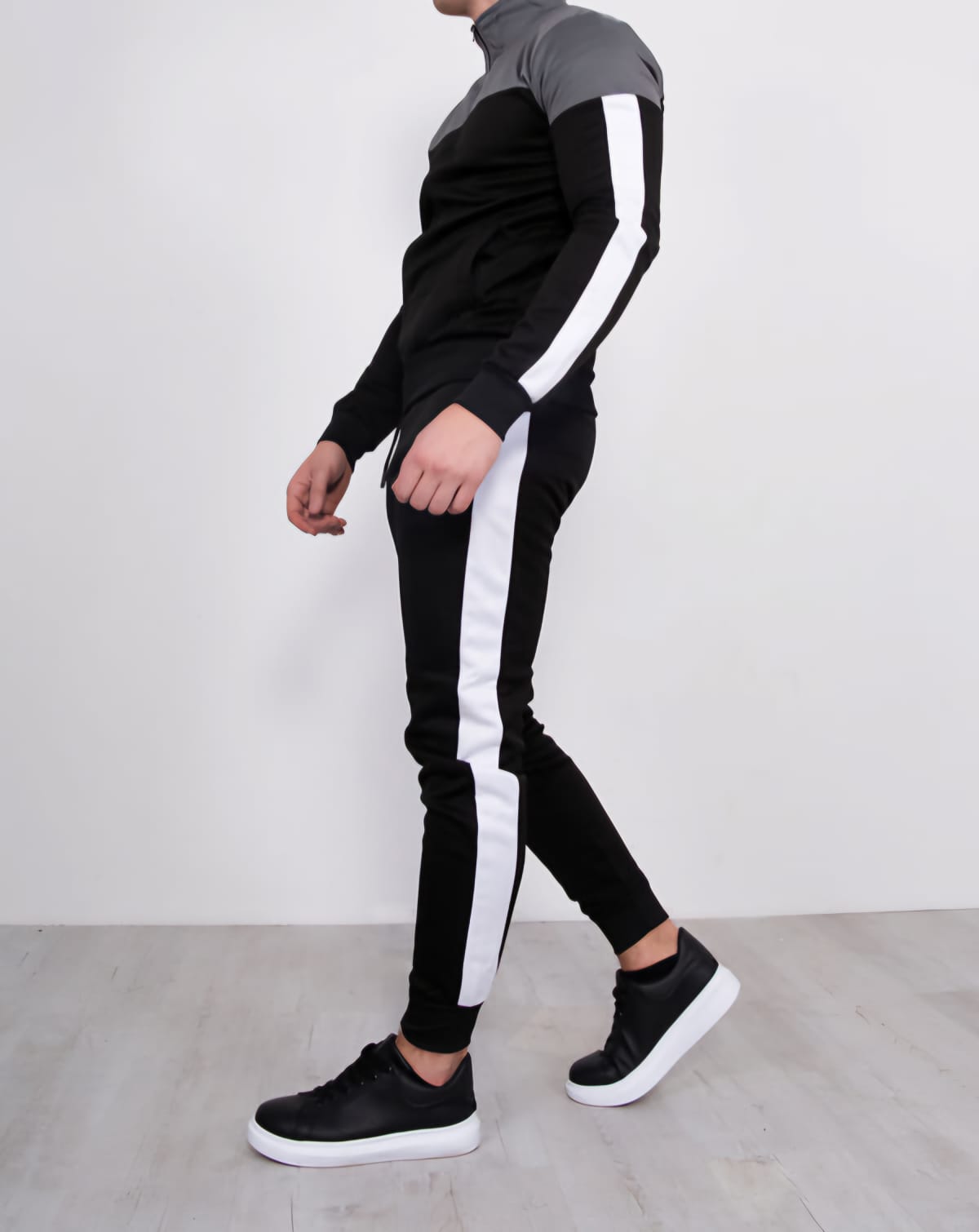 Men's Black With Grey Panel and White Stripes Funnel Skinny Tracksuit