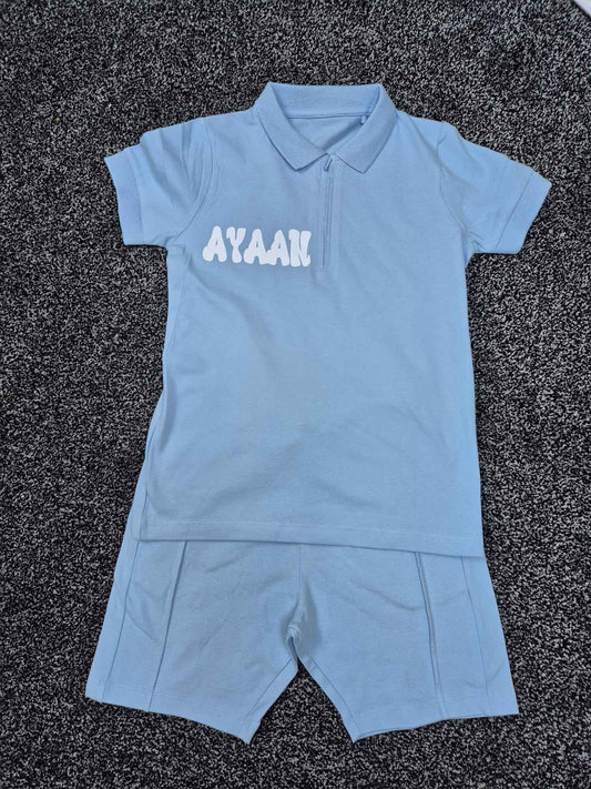 Mini Sky Blue Zip Polo Shirt & Shorts Set