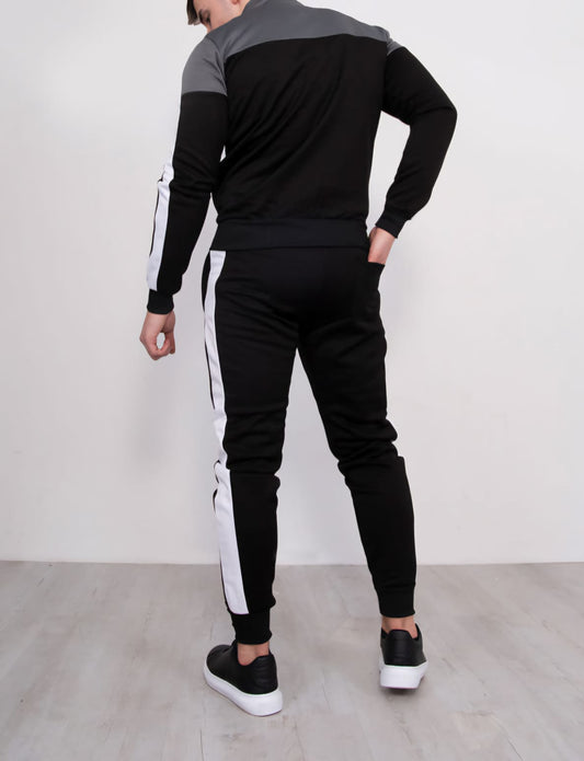 Men's Black With Grey Panel and White Stripes Funnel Skinny Tracksuit