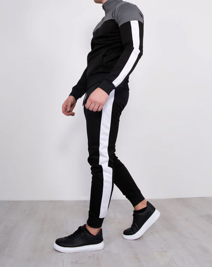 Men's Black With Grey Panel and White Stripes Funnel Skinny Tracksuit