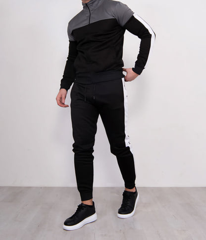 Men's Black With Grey Panel and White Stripes Funnel Skinny Tracksuit