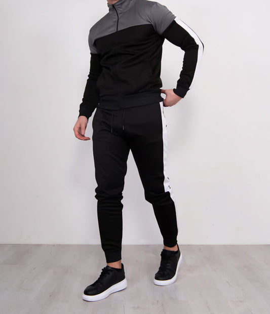 Men's Black With Grey Panel and White Stripes Funnel Skinny Tracksuit