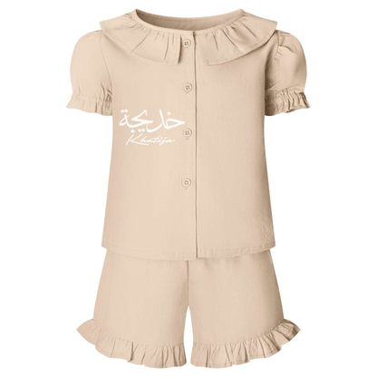 Shirts & Tops Girls Beige Linen Style T-shirt & Shorts Set