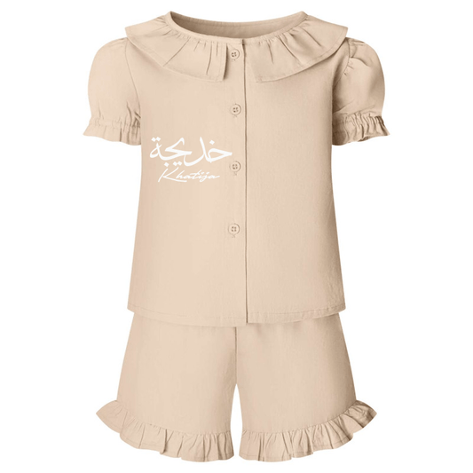 Shirts & Tops Girls Beige Linen Style T-shirt & Shorts Set