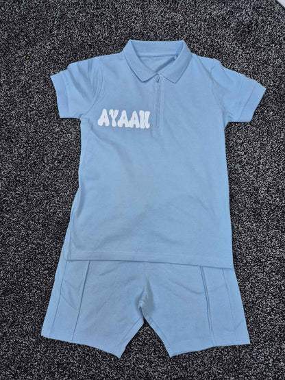 Shirts & Tops Mini Sky Blue Zip Polo Shirt & Shorts Set